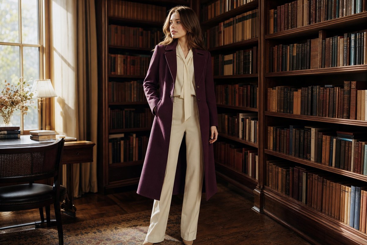 Fotografia editoriale di moda: una modella con un cappotto color prugna in un'antica biblioteca in legno