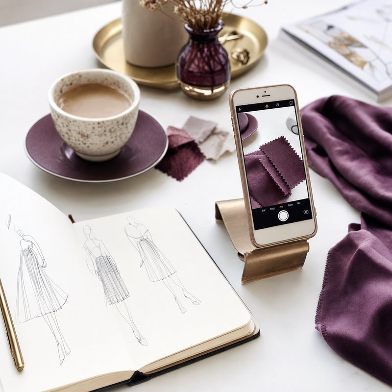 Taccuino con schizzi di moda, smartphone e tazza di caffè su una scrivania