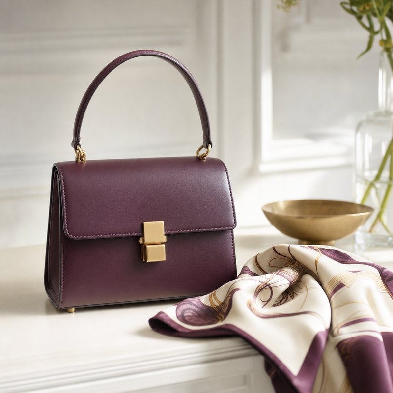 Borsa in pelle strutturata con chiusura semplice accanto a un foulard di seta piegato