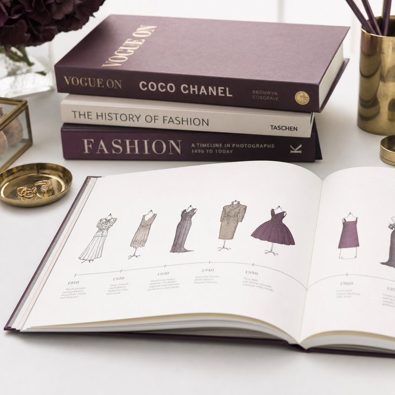 Pila di libri di storia della moda con una pagina illustrata aperta